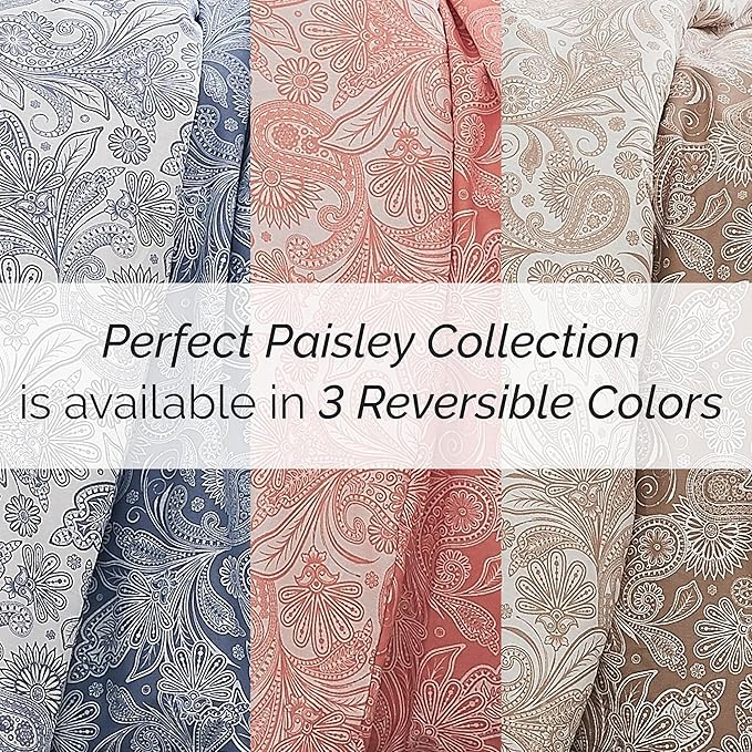 Southshore Fine Living, Inc. Oversized Full/Queen Comforter Set, Down Alternative Paisley Bedspread, Reversible Print is 2 Colors in 1, Queen/Full Comforter & Matching Shams, Taupe/White - LeafyLoom