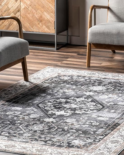nuLOOM Devin Machine Washable Vintage Medallion Ultra Thin Area Rug, 8' x 10', Charcoal - LeafyLoom