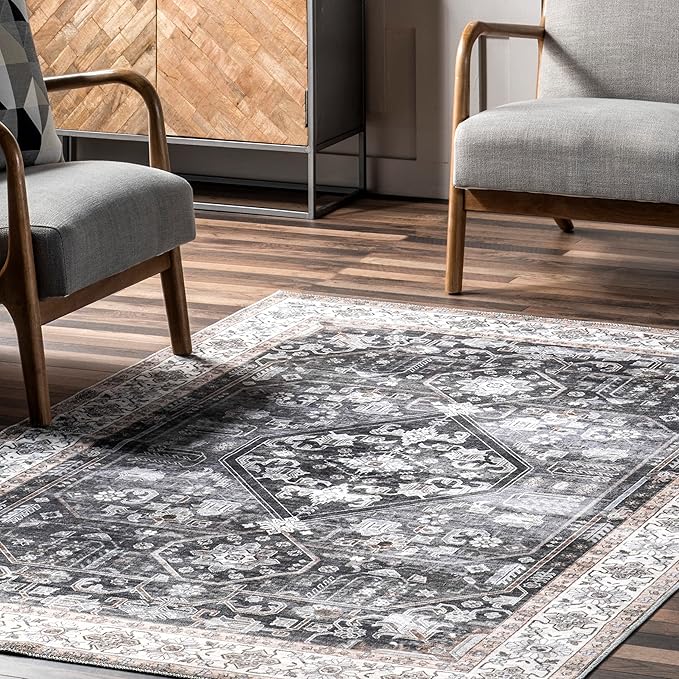 nuLOOM Devin Machine Washable Vintage Medallion Ultra Thin Area Rug, 8' x 10', Charcoal - LeafyLoom