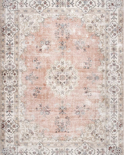 nuLOOM Ren Vintage Floral Machine Washable Ultra Thin Area Rug, 6' Square, Peach - LeafyLoom
