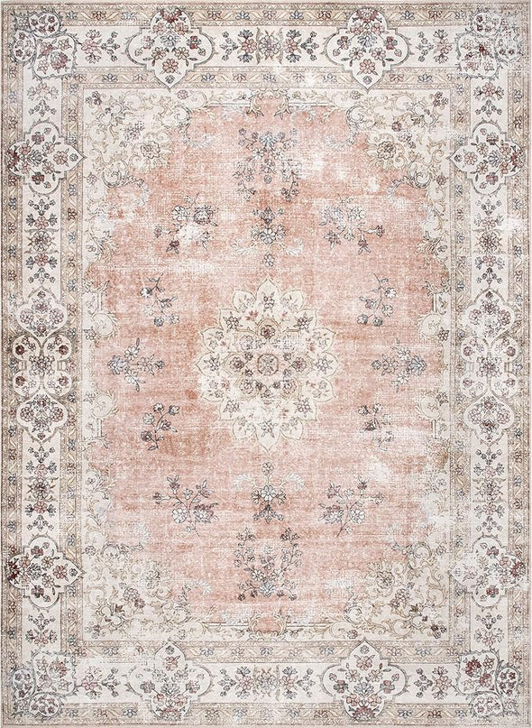 nuLOOM Ren Vintage Floral Machine Washable Ultra Thin Area Rug, 6' Square, Peach - LeafyLoom