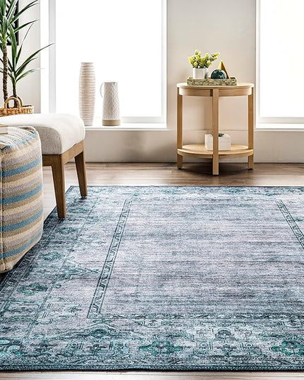 nuLOOM Eveline Distressed Persian Machine Washable Ultra Thin Area Rug, 4' x 6', Blue - LeafyLoom