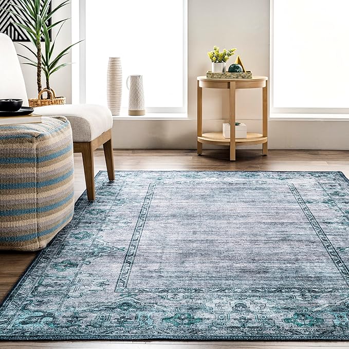 nuLOOM Eveline Distressed Persian Machine Washable Ultra Thin Area Rug, 4' x 6', Blue - LeafyLoom