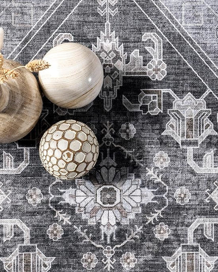 nuLOOM Devin Machine Washable Vintage Medallion Ultra Thin Area Rug, 8' x 10', Charcoal - LeafyLoom