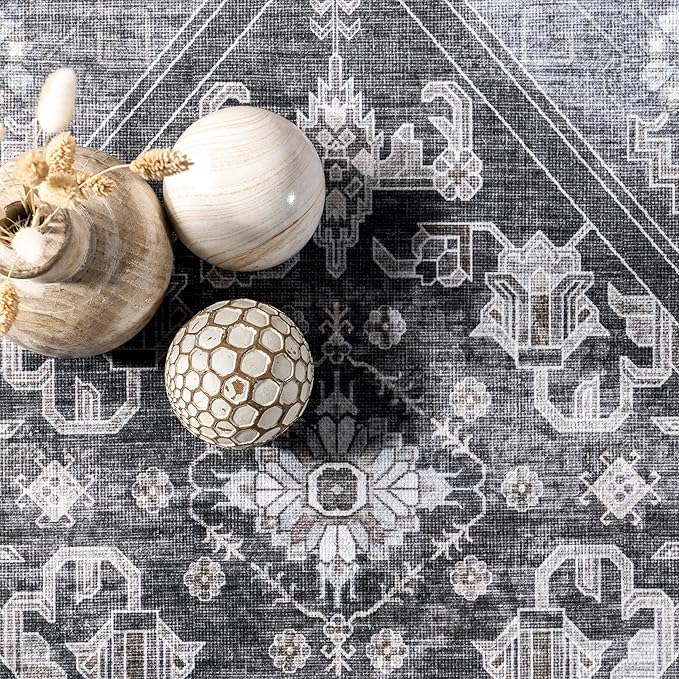 nuLOOM Devin Machine Washable Vintage Medallion Ultra Thin Area Rug, 4' x 6', Charcoal - LeafyLoom