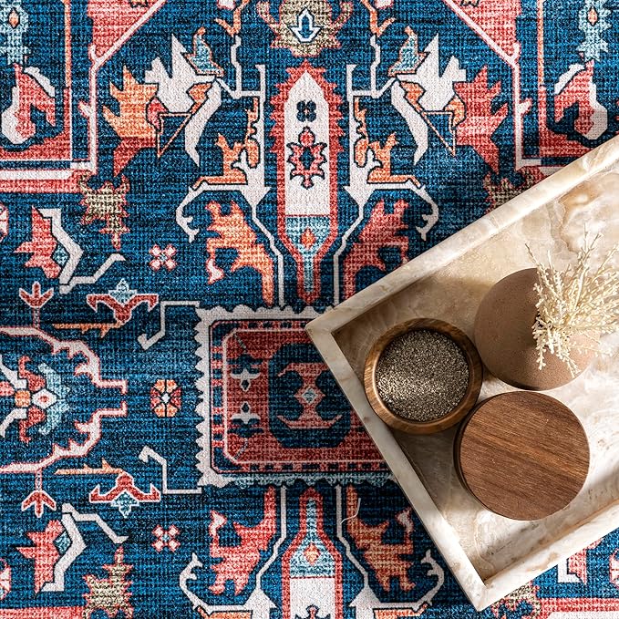 nuLOOM 8x10 Machine Washable Rain Haven Vintage Medallion Area Rug, Rust, Traditional Faded Design, Non-Slip Backing, Stain Resistant, For Bedroom, Dining Room, Living Room, Kitchen - LeafyLoom