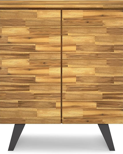 SIMPLIHOME Lowry SOLID ACACIA WOOD and Metal 39 Inch Wide Modern Industrial Medium Storage Cabinet in Distressed Golden Wheat, For the Living Room, Entryway and Family Room - LeafyLoom