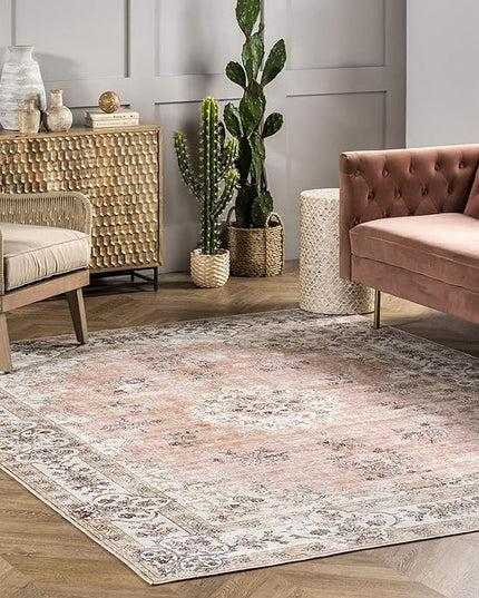 nuLOOM Ren Vintage Floral Machine Washable Ultra Thin Area Rug, 6' Square, Peach - LeafyLoom