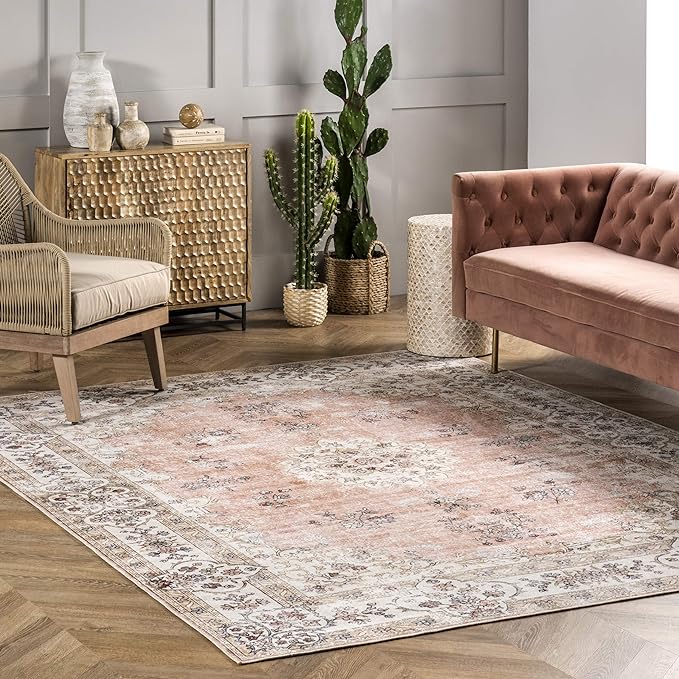 nuLOOM Ren Vintage Floral Machine Washable Ultra Thin Area Rug, 6' Square, Peach - LeafyLoom