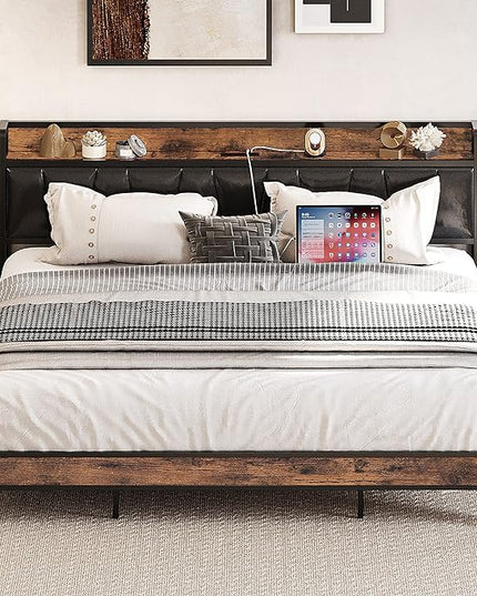 LIKIMIO King Bed Frame, Storage Headboard with Charging Station, Solid and Stable, Noise Free, No Box Spring Needed, Easy Assembly (Vintage and Black) - LeafyLoom