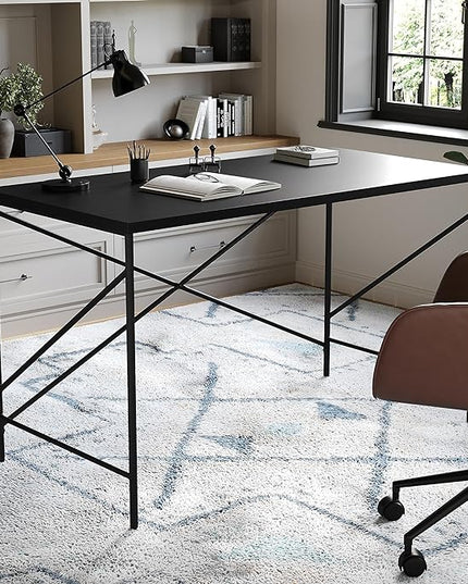 Martha Stewart Maddox Home Office Parsons Desk in Black Wood Grain with Oil Rubbed Bronze Metal X-Frame - LeafyLoom
