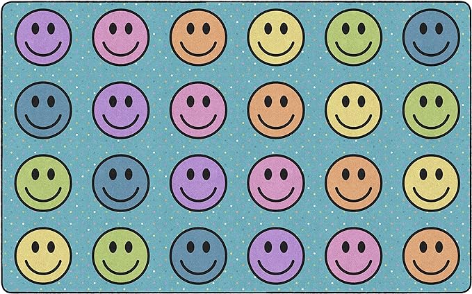 Flagship Carpets Smiley Seating (Seats 24) Classroom Area Rug or Educational Learning Mat, Kids Room or Playroom Carpet, 7'6'' x 12', Blue/Multi (FA2393-44FS) - LeafyLoom