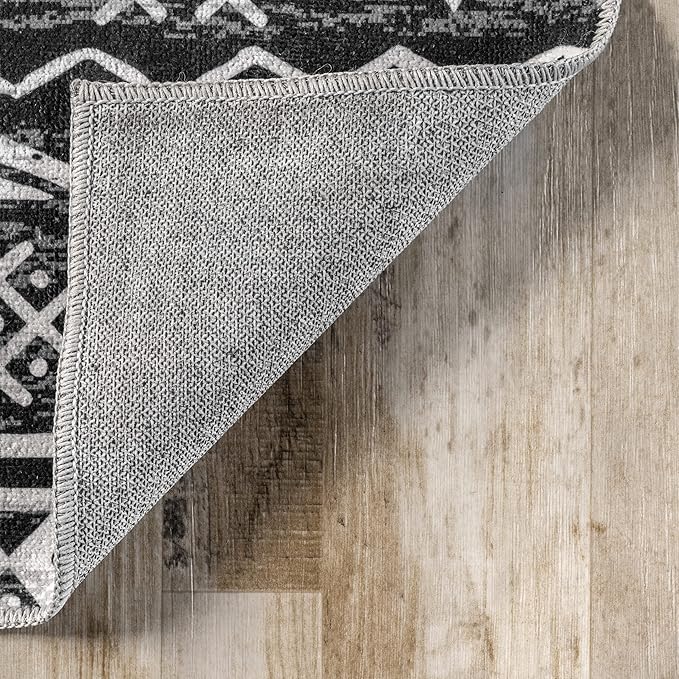 nuLOOM Madlyn Tribal Machine Washable Ultra Thin Area Rug, 4' x 6', Charcoal - LeafyLoom