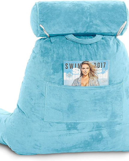Husband Pillow XXL Carolina Blue Backrest with Arms, Adult Reading Pillow Shredded Memory Foam, Ultra-Comfy Removable Microplush Cover & Detachable Neck Roll, Unmatched Support Bed Rest Sit Up Pillow - LeafyLoom