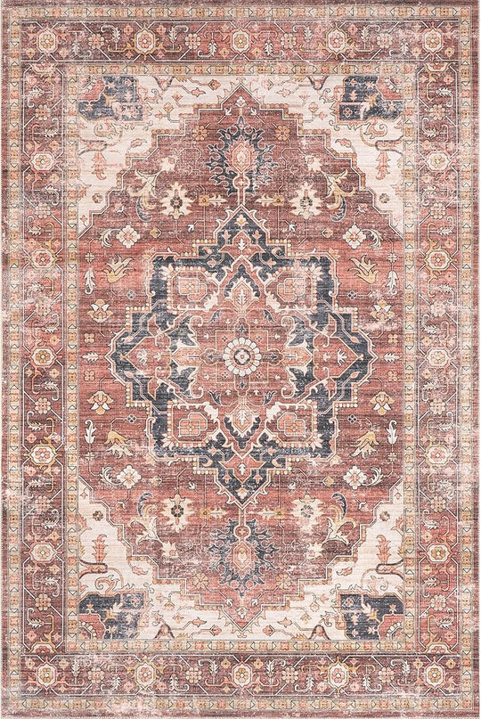 nuLOOM Emmy Faded Persian Machine Washable Ultra Thin Area Rug, 4' x 6', Red - LeafyLoom