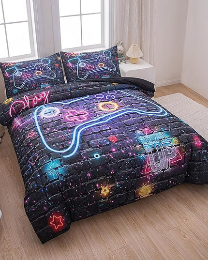 Full Size Comforter Set for Boys, Gamer Bedding Set, 3 Pieces, Gamepad 06, Polyester, All Seasons, Machine Wash - LeafyLoom
