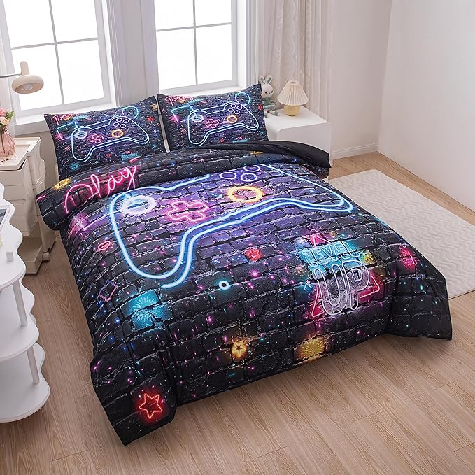 Full Size Comforter Set for Boys, Gamer Bedding Set, 3 Pieces, Gamepad 06, Polyester, All Seasons, Machine Wash - LeafyLoom