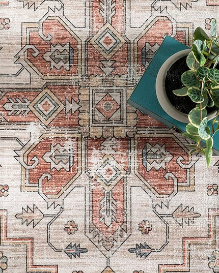 nuLOOM Dawson Machine Washable Distressed Medallion Ultra Thin Area Rug, 5' x 8', Beige - LeafyLoom
