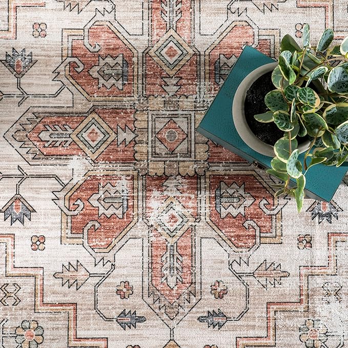nuLOOM Dawson Machine Washable Distressed Medallion Ultra Thin Area Rug, 5' x 8', Beige - LeafyLoom