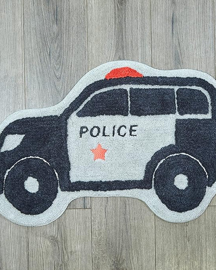 Hand Tufted Police Car Bedroom or Bathroom Rug - 30x20 in; 100% Cotton Kids Bathroom Mat; Decorative Kids Area Rug - LeafyLoom