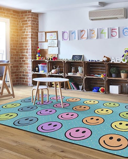Flagship Carpets Smiley Seating (Seats 24) Classroom Area Rug or Educational Learning Mat, Kids Room or Playroom Carpet, 7'6'' x 12', Blue/Multi (FA2393-44FS) - LeafyLoom