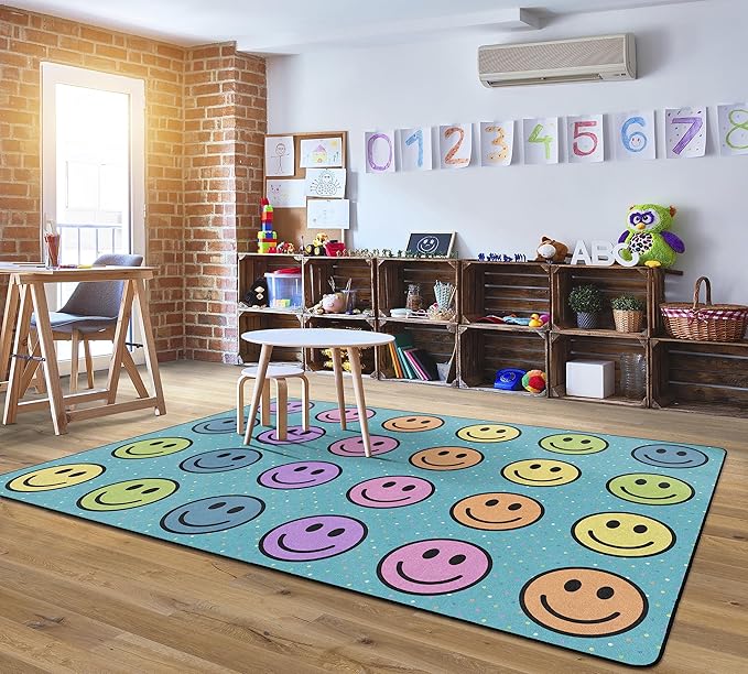 Flagship Carpets Smiley Seating (Seats 24) Classroom Area Rug or Educational Learning Mat, Kids Room or Playroom Carpet, 7'6'' x 12', Blue/Multi (FA2393-44FS) - LeafyLoom