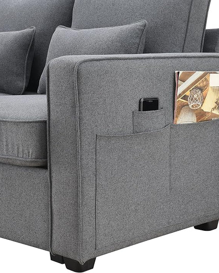 114" Modern Sofa, 4-seat Couch with Console, 2 Cupholders and 2 USB Ports Wired or Wirelessly Charged and 4 Pillows for Living Room, Apartment, 114.2inch, Dark Gray - LeafyLoom