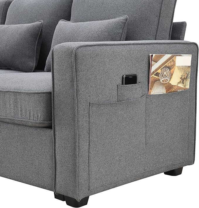 104" Modern Sofa, 4-seat Couch with Armrest Pockets and 4 Pillows for Living Room, Apartment, 104inch, Dark Gray - LeafyLoom