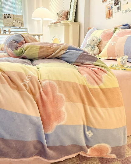 MorroMorn Twin Bedding Sets, Pink Rainbow Stripe Duvet Cover Set, Fluffy Comforter Covers Plush Blanket Ultra Soft Kawaii Cute for Girls Kids Toddler Teen Women Twin/Twin XL Size - LeafyLoom