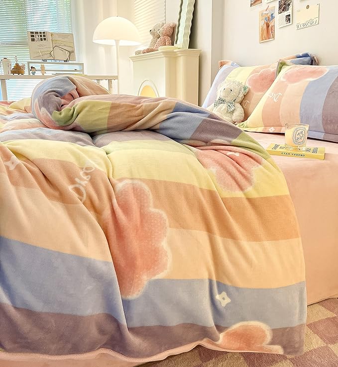 MorroMorn Twin Bedding Sets, Pink Rainbow Stripe Duvet Cover Set, Fluffy Comforter Covers Plush Blanket Ultra Soft Kawaii Cute for Girls Kids Toddler Teen Women Twin/Twin XL Size - LeafyLoom