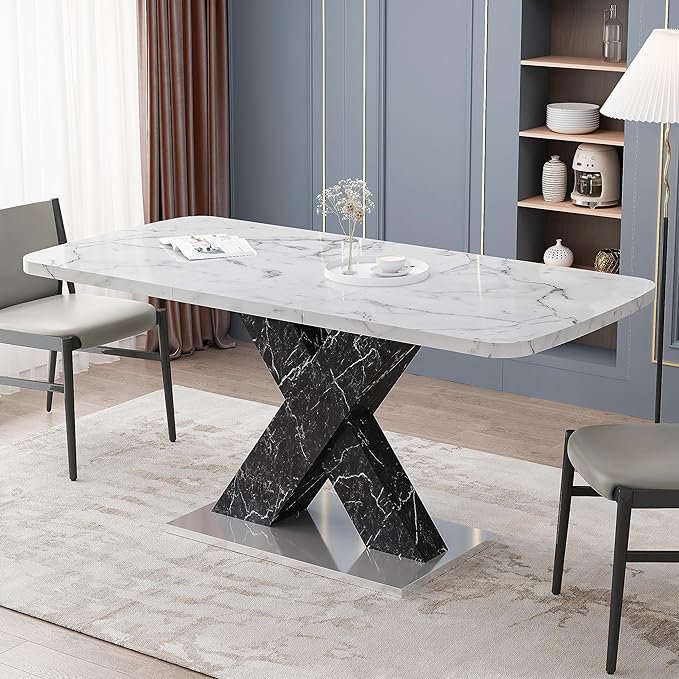 NicBex 62.99Inch Expandable Dining Table,Modern Kitchen Table with White Marble Tabletop and MDF White X-Shape Legs for 6 to 8,Large Dining Room Table for Kitchen,Meeting Living Room,Antique White - LeafyLoom