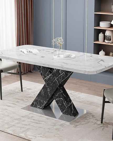 NicBex Dining Table Contemporary Kitchen Table Farmhouse Rustic Square Dining Table, Stretchable, White Marble Table Top+MDF Black X-Shape Table Leg with Metal Base, Easy Assembly, White+Black - LeafyLoom