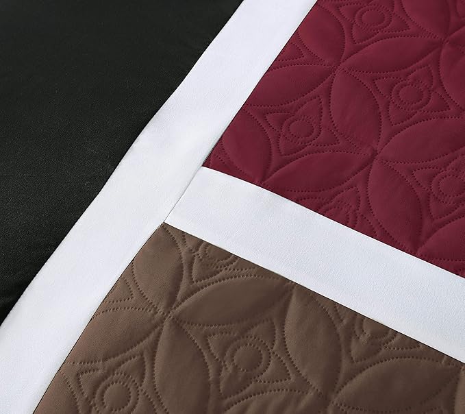 Chezmoi Collection Upland 7-Piece Quilted Patchwork Comforter Set, Burgundy/Black/Brown, Queen - LeafyLoom
