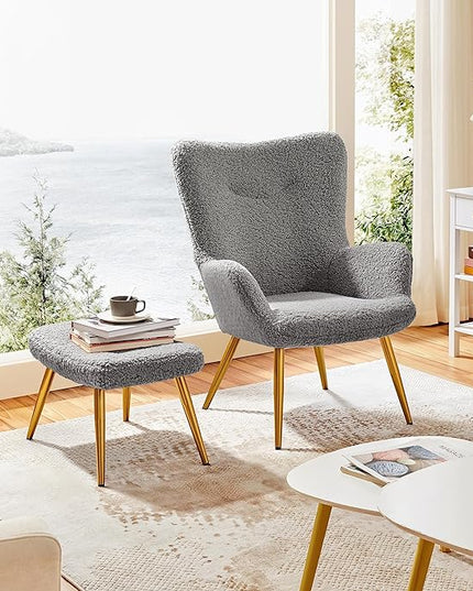 Yaheetech Accent Chair and Ottoman Set, Sherpa Armchair with Golden Metal Legs and High Back, Footstool for Living Room, Lounge, Gray - LeafyLoom