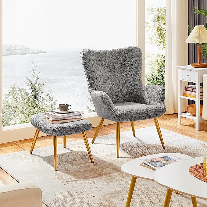 Yaheetech Accent Chair and Ottoman Set, Sherpa Armchair with Golden Metal Legs and High Back, Footstool for Living Room, Lounge, Gray - LeafyLoom