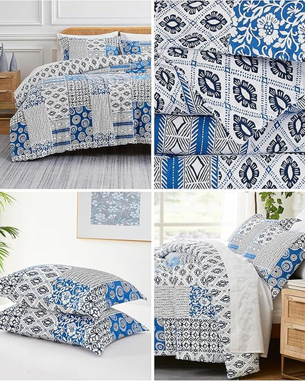 Southshore Fine Living, Inc. Twin Size Comforter Set with Pillow Sham, Reversible Global Patchwork Quilt is 2 Colors in 1 - Alternative Down Comforter Twin/Twin XL, Soft Microfiber, Blue & White - LeafyLoom