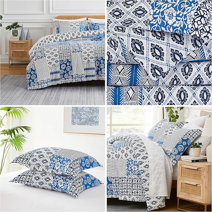 Southshore Fine Living, Inc. Twin Size Comforter Set with Pillow Sham, Reversible Global Patchwork Quilt is 2 Colors in 1 - Alternative Down Comforter Twin/Twin XL, Soft Microfiber, Blue & White - LeafyLoom