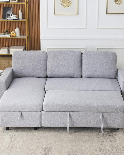 3 Seater Convertible Sectional Sofa with Reversible Chaise Lounge and Pull Out Sofabed, L Shaped Corner Couches with Storage , Comfy Linen Upholstered Sofa&Couches for Living Room Furniture Sets - LeafyLoom