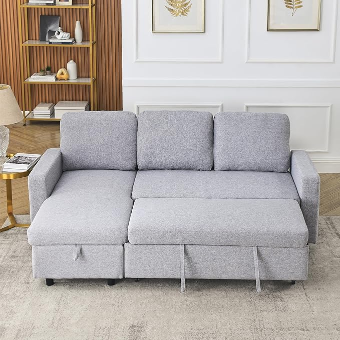 3 Seater Convertible Sectional Sofa with Reversible Chaise Lounge and Pull Out Sofabed, L Shaped Corner Couches with Storage , Comfy Linen Upholstered Sofa&Couches for Living Room Furniture Sets - LeafyLoom