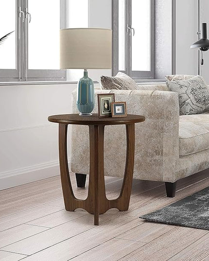 FINECASA Round End Table Small Rustic Side Table with Curved Legs Farmhouse Side Table Living Room, Bedroom, Entryway, Bedside, Nightstand (Chestnut) - LeafyLoom