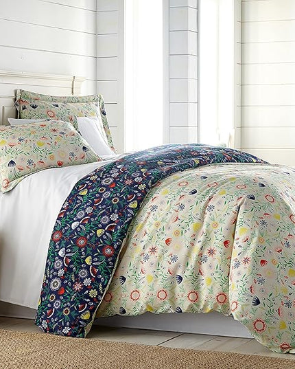 Southshore Fine Living, Inc. Oversized Twin Comforter Bedding Set, Down Alternative Boho Bedspread, Reversible Print is 2 Colors in 1, Twin/Twin XL Comforter & Matching Sham, Blue & Cream - LeafyLoom