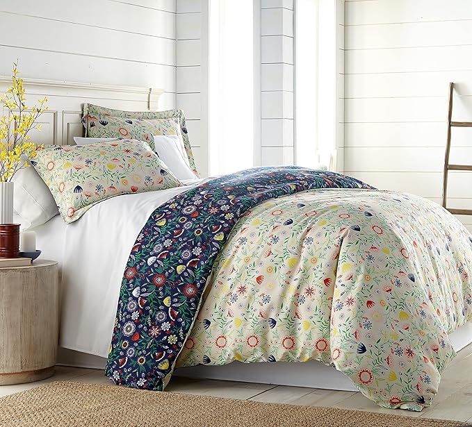 Southshore Fine Living, Inc. Oversized Twin Comforter Bedding Set, Down Alternative Boho Bedspread, Reversible Print is 2 Colors in 1, Twin/Twin XL Comforter & Matching Sham, Blue & Cream - LeafyLoom