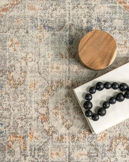 nuLOOM 8 Square Machine Washable Rain Haven Vintage Medallion Area Rug, Light Grey, Traditional Faded Design, Non-Slip Backing, Stain Resistant, For Bedroom, Dining Room, Living Room, Kitchen - LeafyLoom