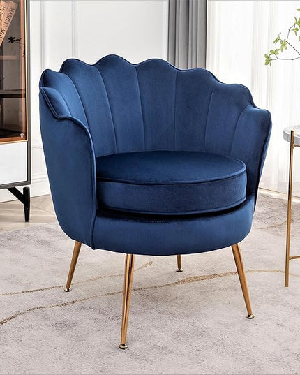 Velvet Barrel Accent Chair with Scalloped Silhouette and Gold Metal Legs, Decorative Piece Suitable for Traditional, Modern, and Contemporary Spaces, Navy Blue - LeafyLoom