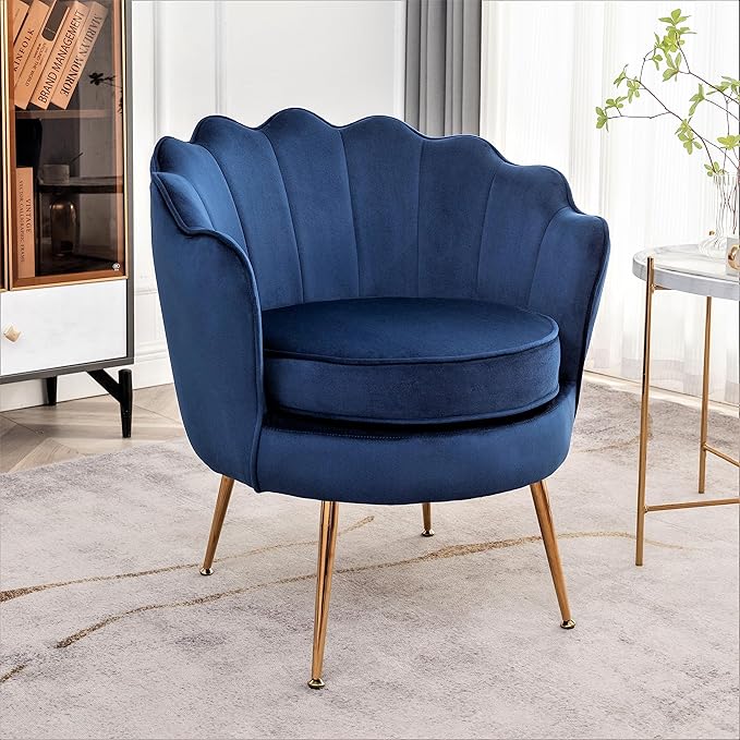 Velvet Barrel Accent Chair with Scalloped Silhouette and Gold Metal Legs, Decorative Piece Suitable for Traditional, Modern, and Contemporary Spaces, Navy Blue - LeafyLoom