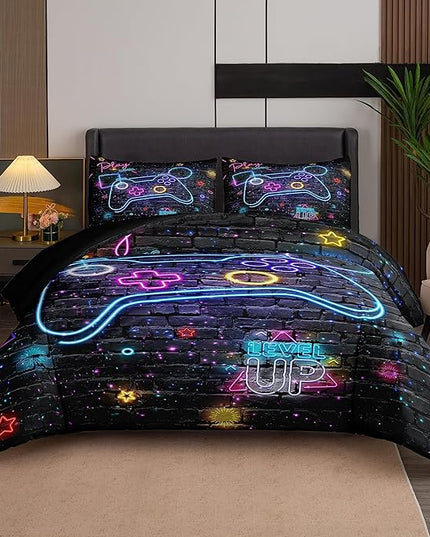 Full Size Comforter Set for Boys, Gamer Bedding Set, 3 Pieces, Gamepad 06, Polyester, All Seasons, Machine Wash - LeafyLoom