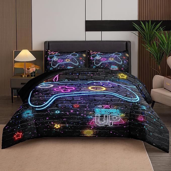 Full Size Comforter Set for Boys, Gamer Bedding Set, 3 Pieces, Gamepad 06, Polyester, All Seasons, Machine Wash - LeafyLoom