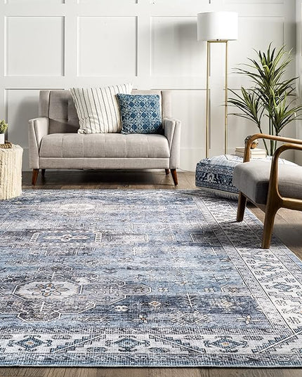 nuLOOM Eva Machine Washable Vintage Faded Medallion Ultra Thin Area Rug, 5' x 8', Blue - LeafyLoom
