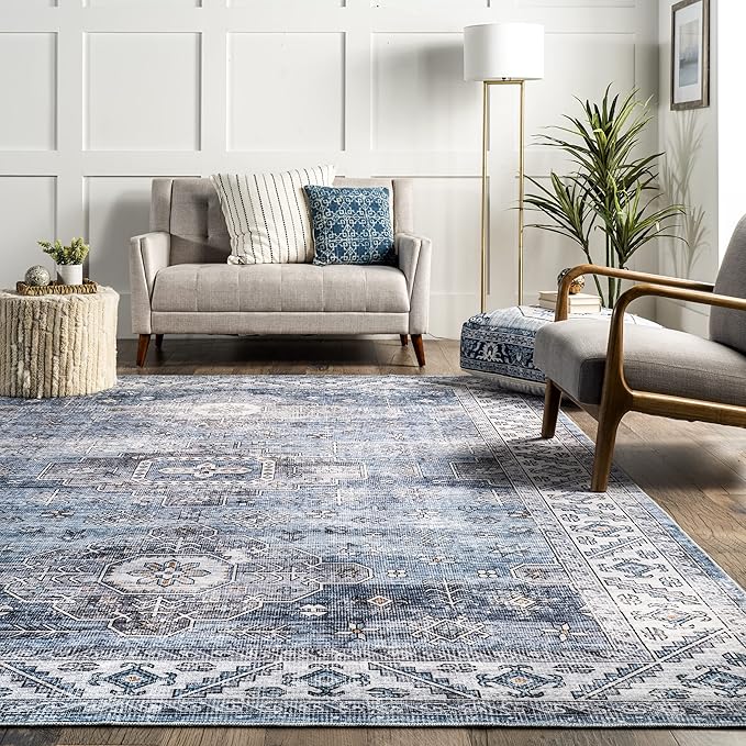 nuLOOM Eva Machine Washable Vintage Faded Medallion Ultra Thin Area Rug, 5' x 8', Blue - LeafyLoom