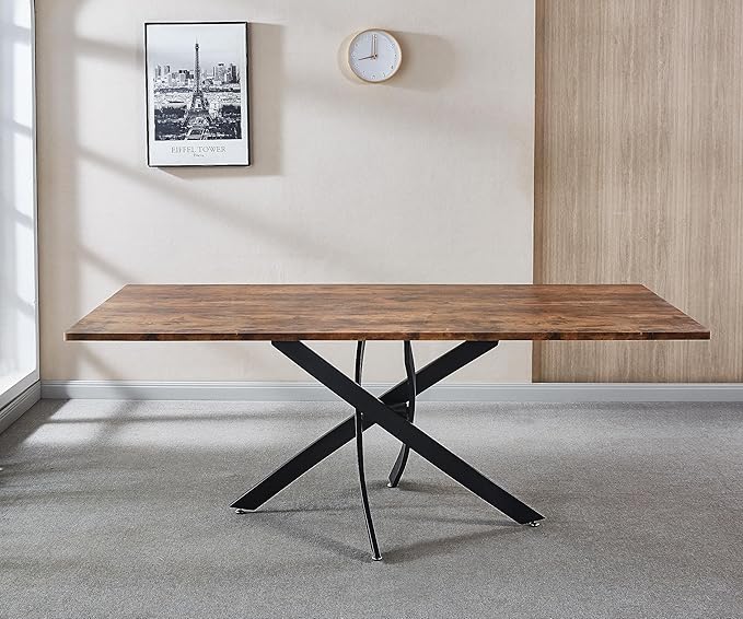 NicBex Dining Table Contemporary Kitchen Table Farmhouse Rustic Rectangle MDF Dining Table, Printed Walnut Table Top and Black Metal Base Rectangular Dining Table, Easy Assembly, Walnut - LeafyLoom